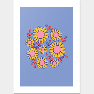 Retro 70s daisy flowers botanical design in blue, pink and yellow Posters and Art